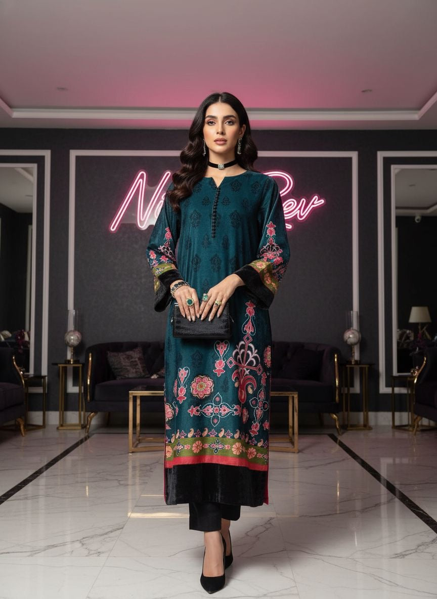 Armaniya Velvet Kaftan Printed 2 Pcs Dress