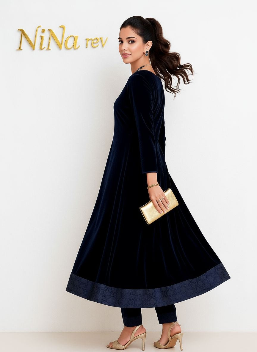 Regal Blue Velvet 2 Pcs Dress hi