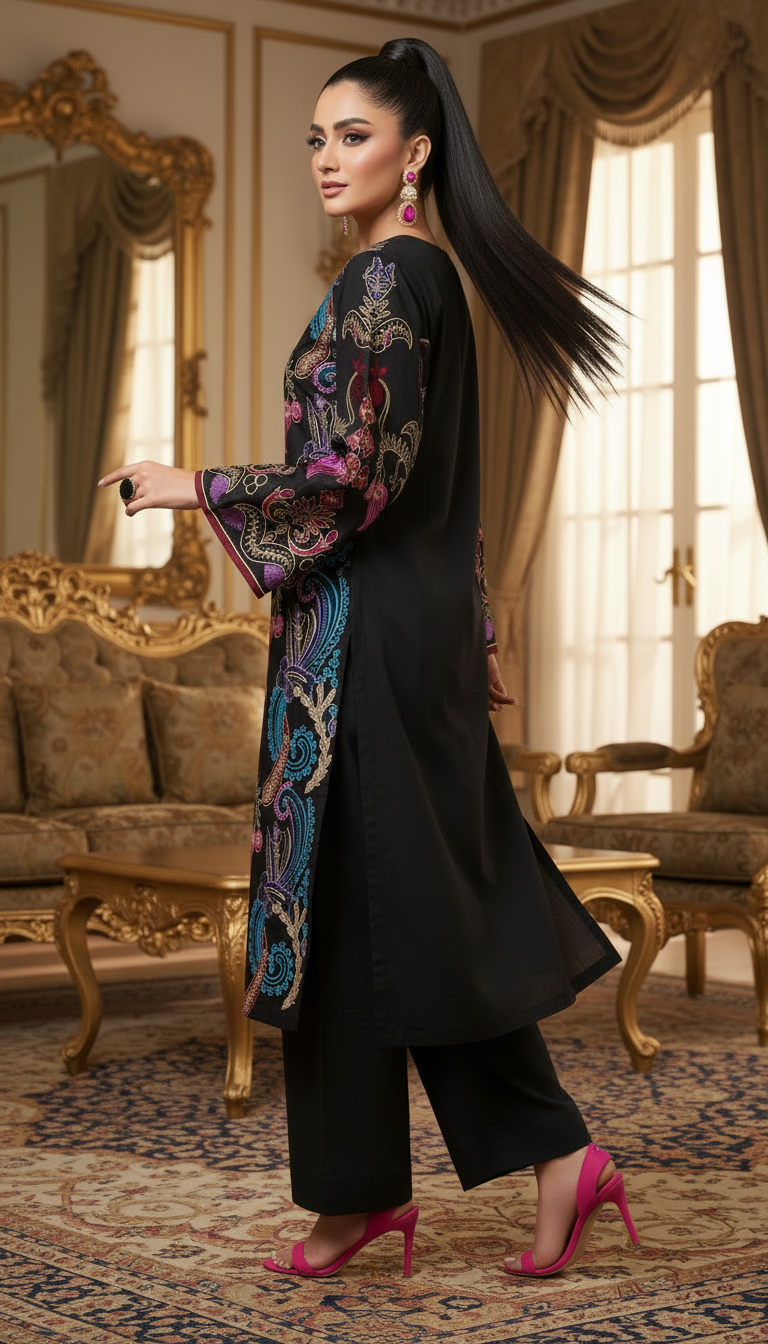 Hawa Black Fully Embroidered Kaftan Style Dress