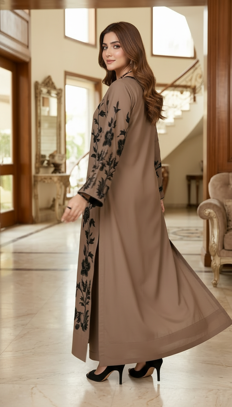 Shezana Brown Embroidered 2 Pcs kaftan Dress