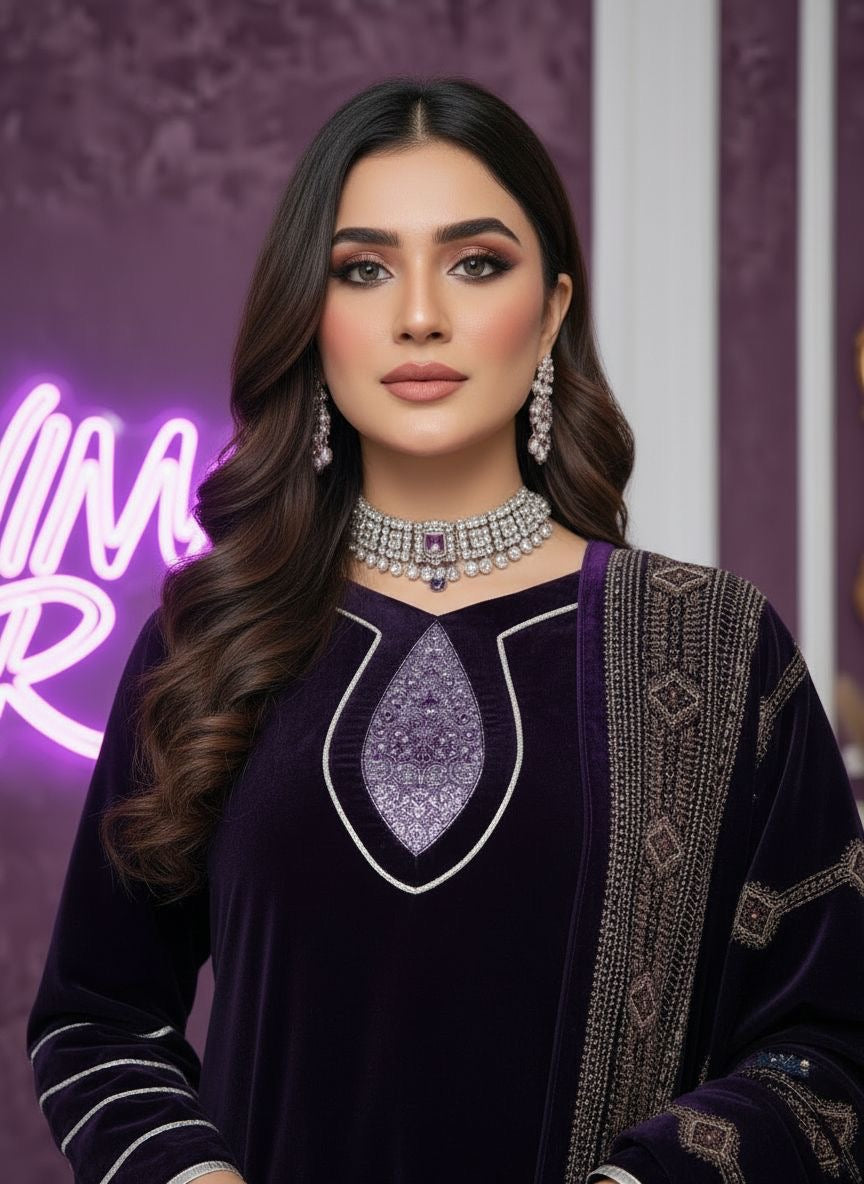 Umsha Purple Velvet  Ready to Wear 3 Pcs Dress with Velvet Shawl