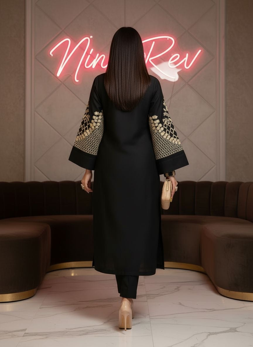 Merab Black Ready to Wear 2 Pcs Embroidered Dress