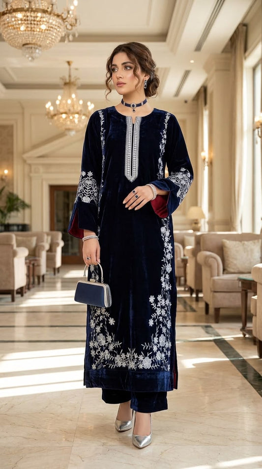Sahar Navy Velvet fully Embroidered 2 Pcs Dress