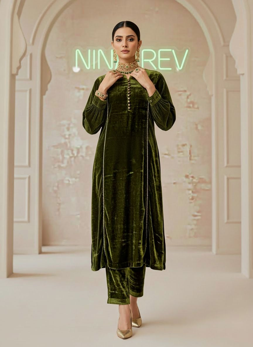 Green Velvet De Luxe Ready to Wear 2 Pcs Dress
