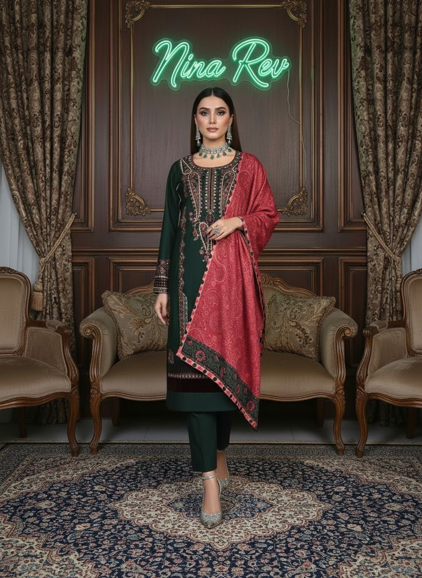 Green Classic Marina Ready to Wear 3 Pcs Embroidered Dress