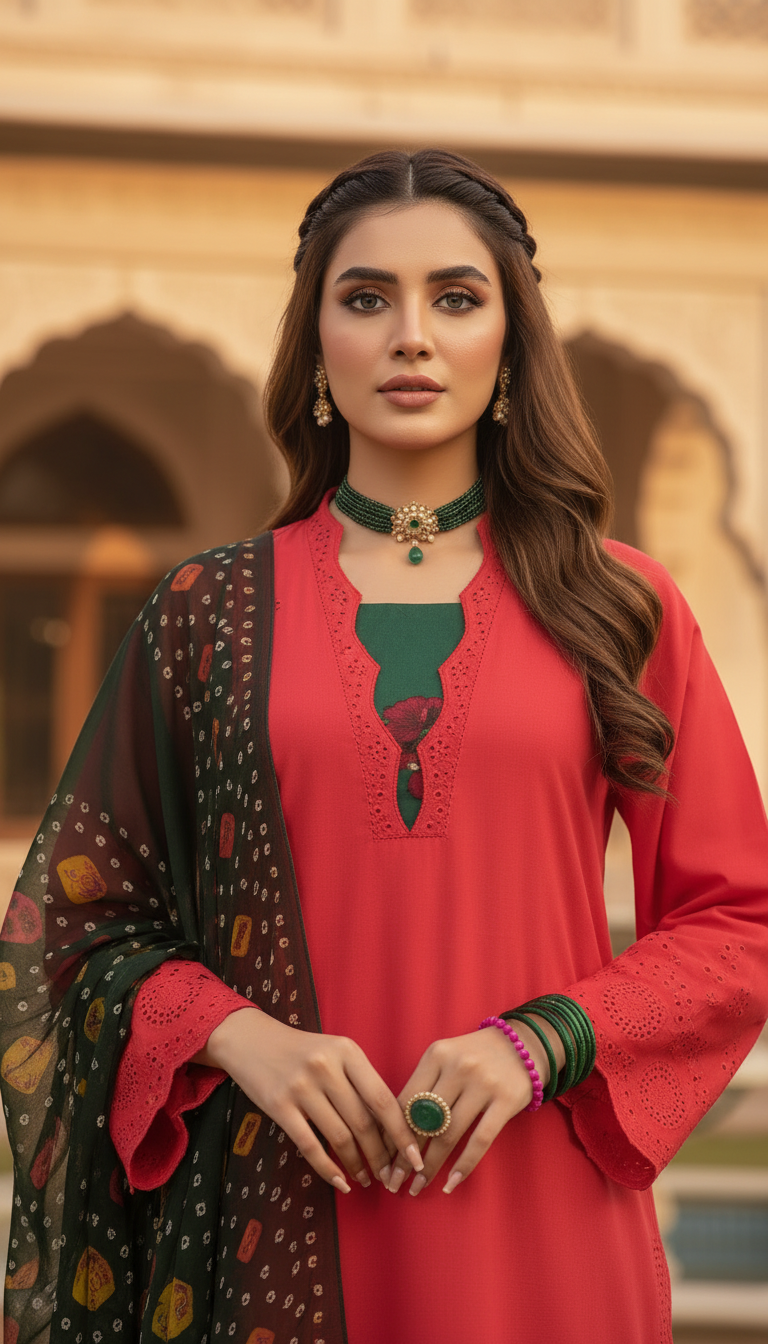 Red and Green Chikankari Ready to Wear 3 Pcs Dress