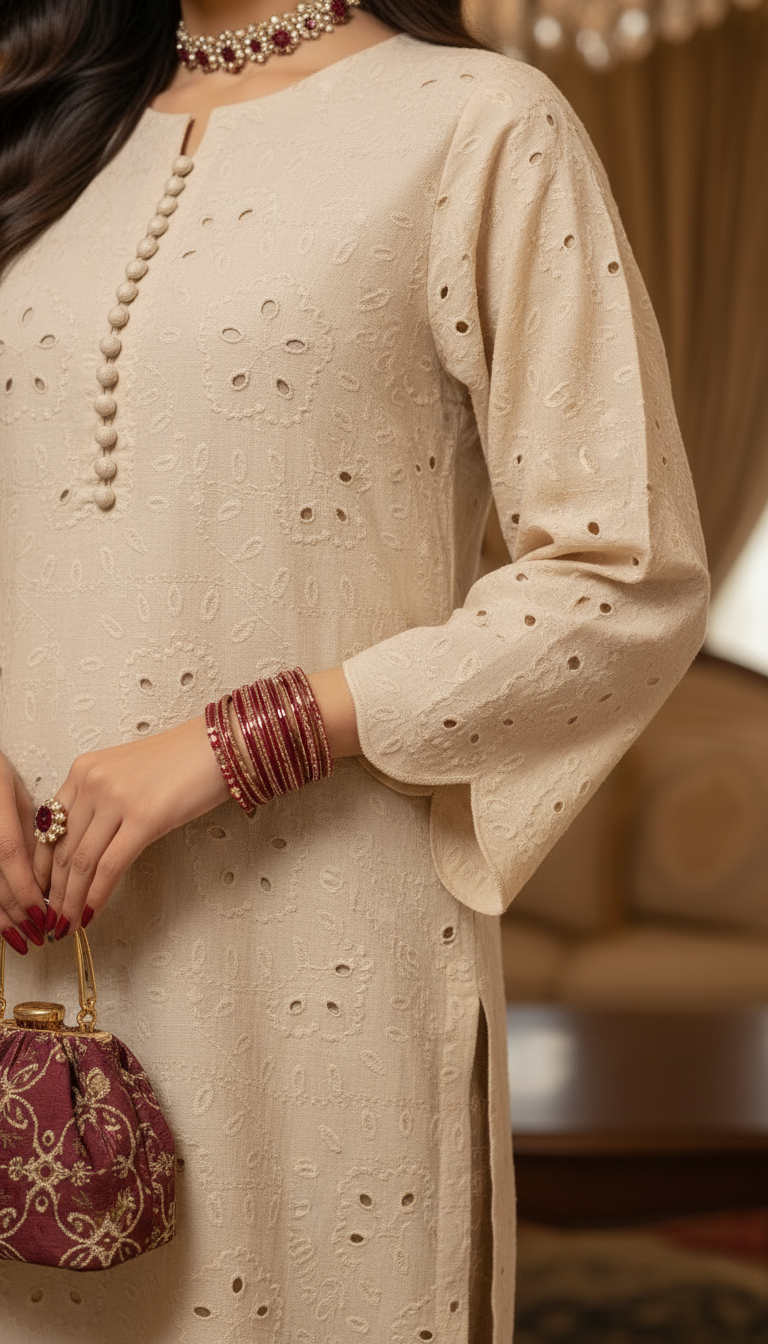 Cream Chikankari Ready to Wear 2 Pcs Dress