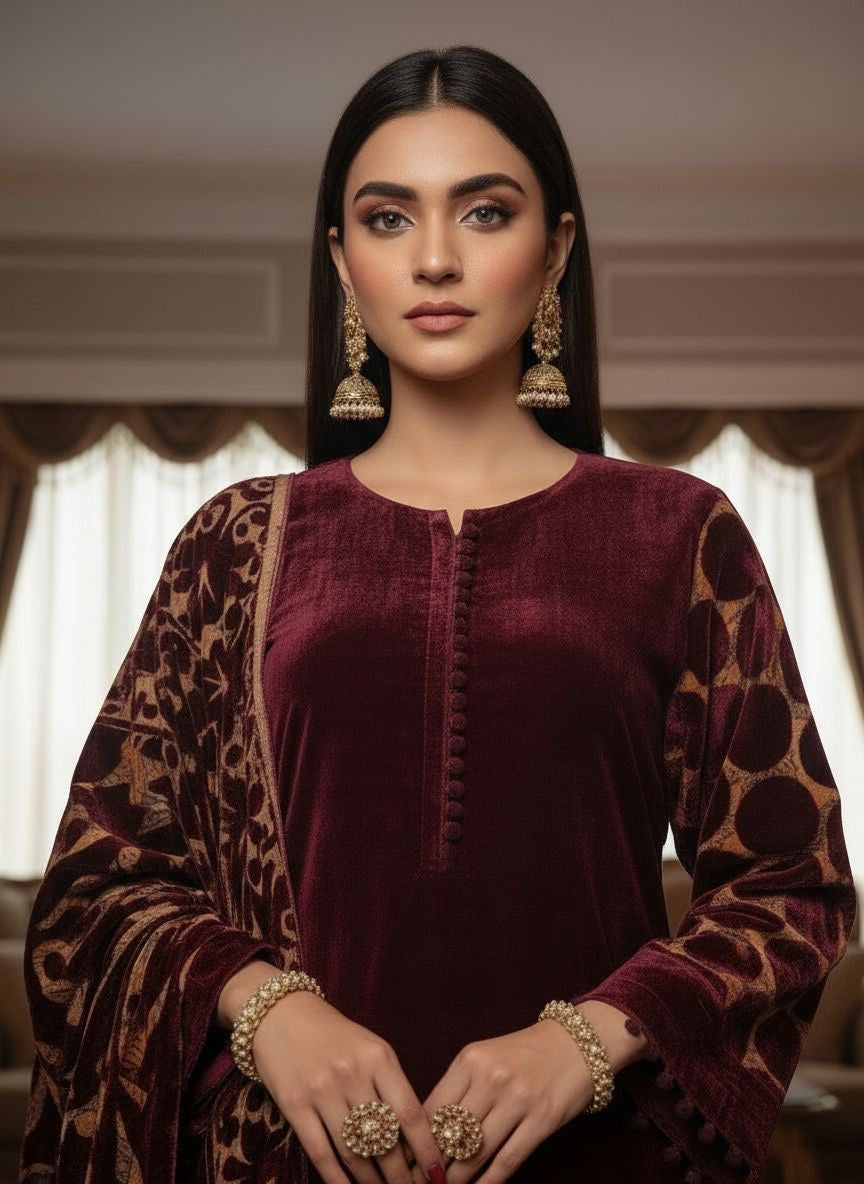 Aroosa Maroon Velvet Ready to Wear 3 Pcs Dress