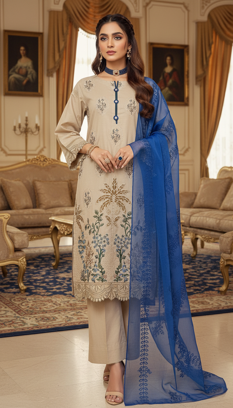 Beige and Blue Ready to Wear 3 Pcs Embroidered Dress