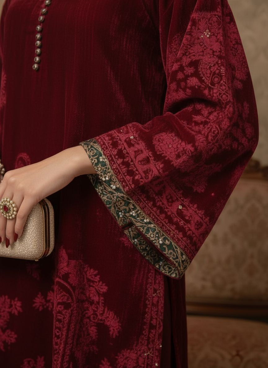 Kamera Maroon French Velvet Ready to Wear 2 Pcs Dress with Palachi Work