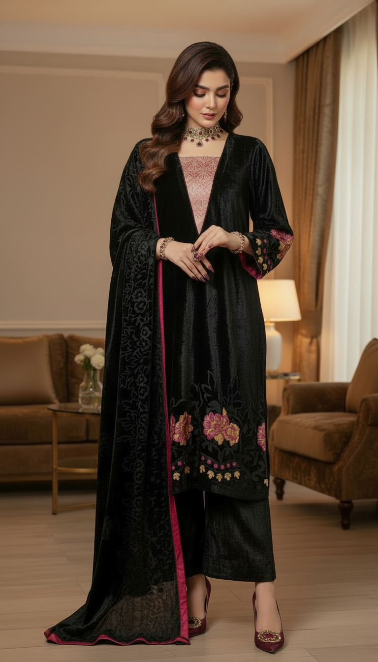 Lilly Black French Velvet 3 Pcs Dress with Velvet Shawl