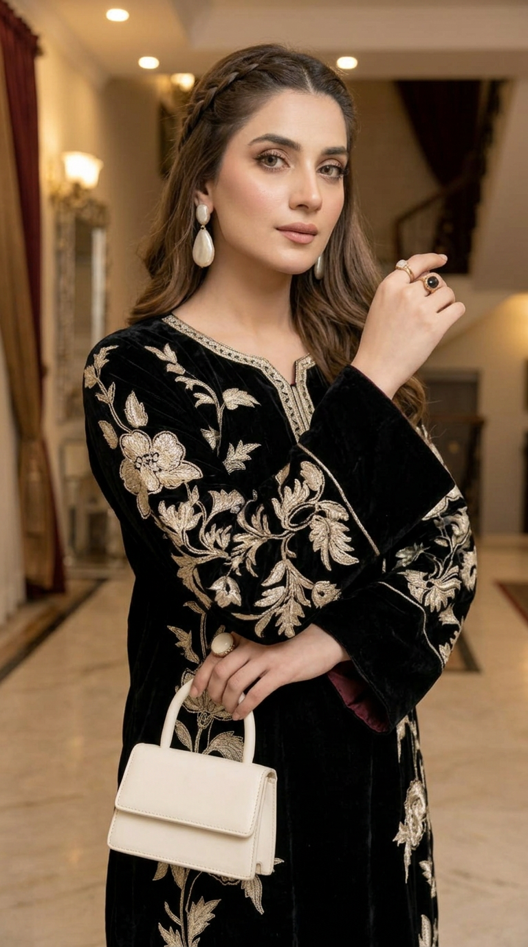Zona Black Velvet Ready to Wear 2 Pcs Embroidered Dress