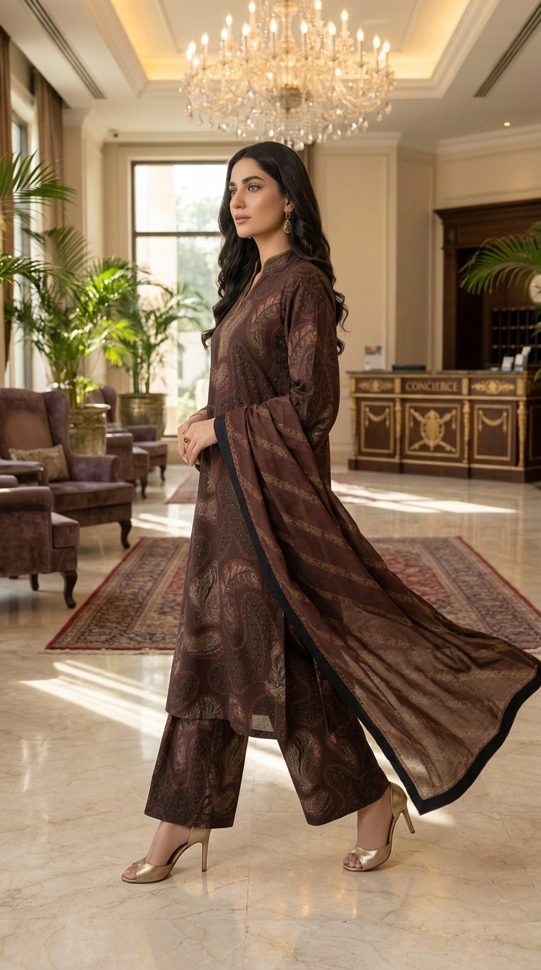 Tania Brown Marina Ready to Wear 3 Pcs Dress with Marina Shawl