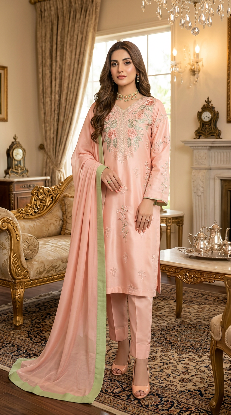 Pink Petal Ready to Wear 3 Pcs Embroidered Dress