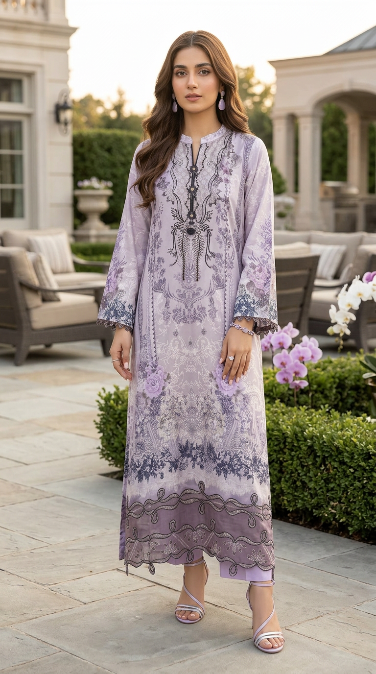 Lavendia Ready to Wear 2 Pcs Embroidered Linen Dress
