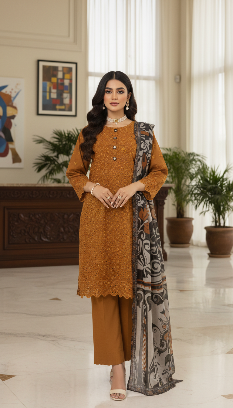 Mustard Chikankari Ready to Wear 3 Pcs Embroidered Dress