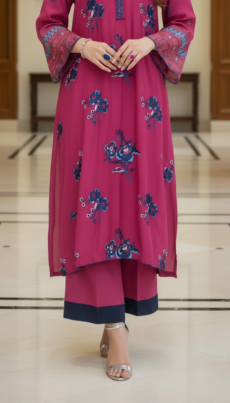 Pink Shimmer Kaftan 2 Pcs Embroidered Dress