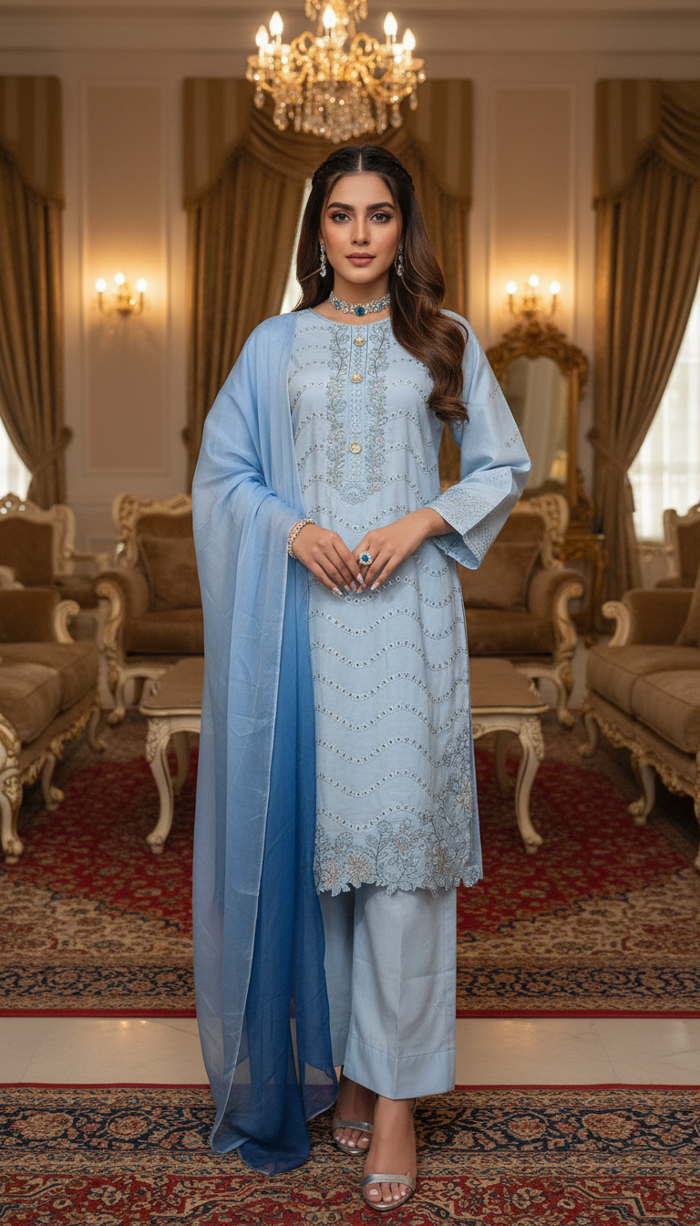Sky Blue Chikankari Ready to Wear 3 Pcs Embroidered Dress