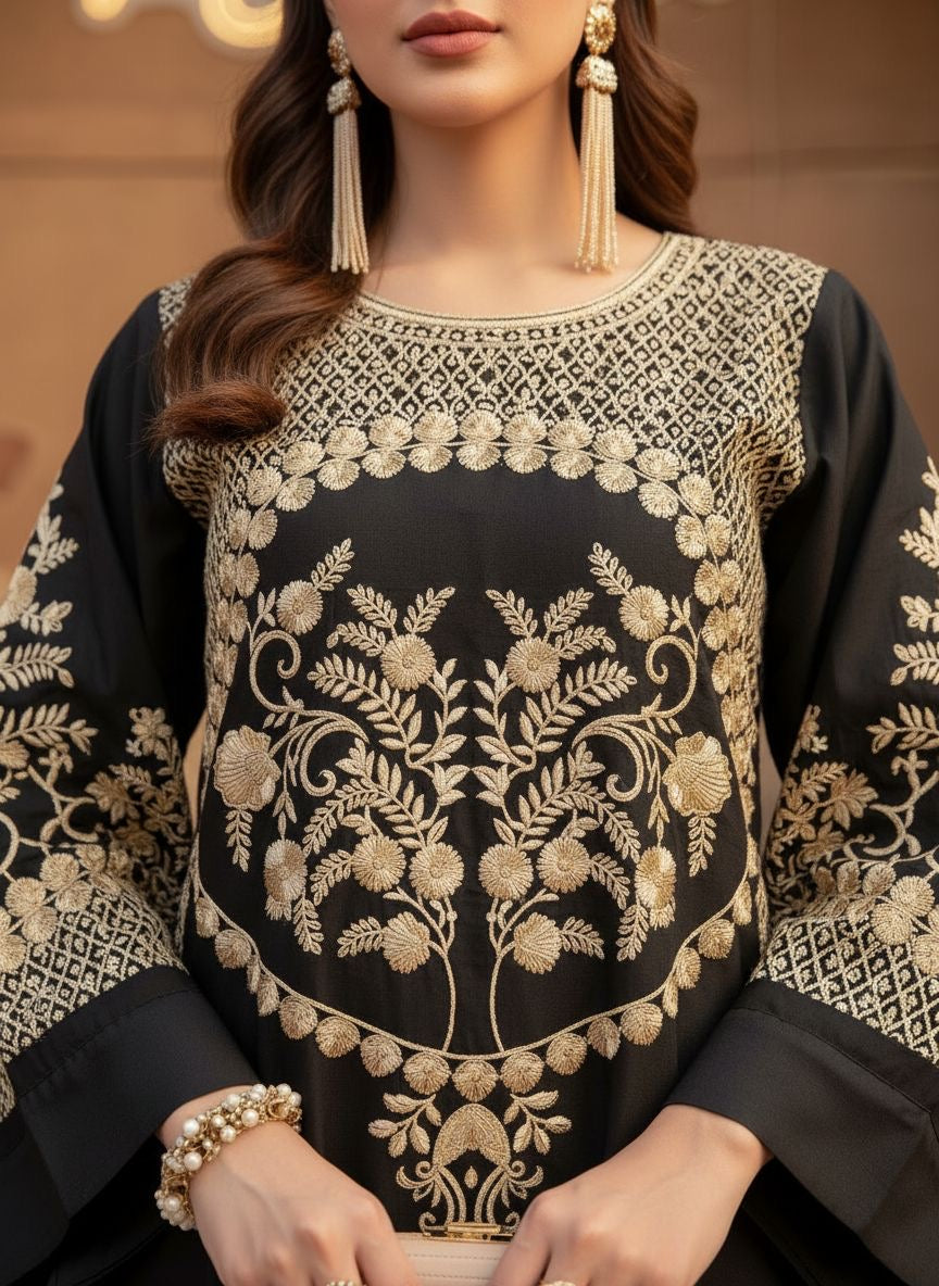 Merab Black Ready to Wear 2 Pcs Embroidered Dress