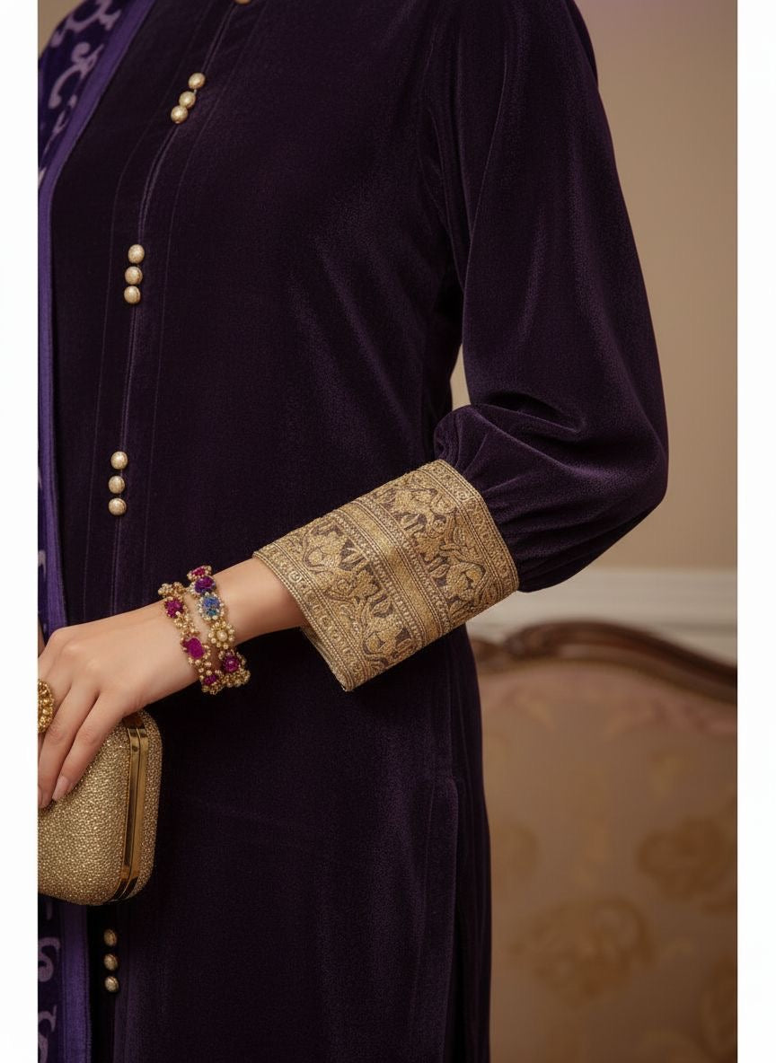 Purple Velvet De Luxe 3 Pcs Dress with Palachi shawl