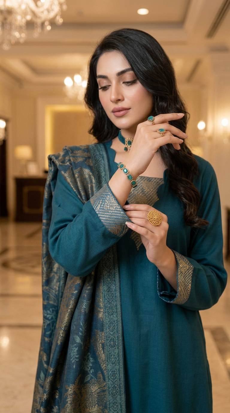Sultana Teal Exclusive Kani Shawl 3 Pcs Dress