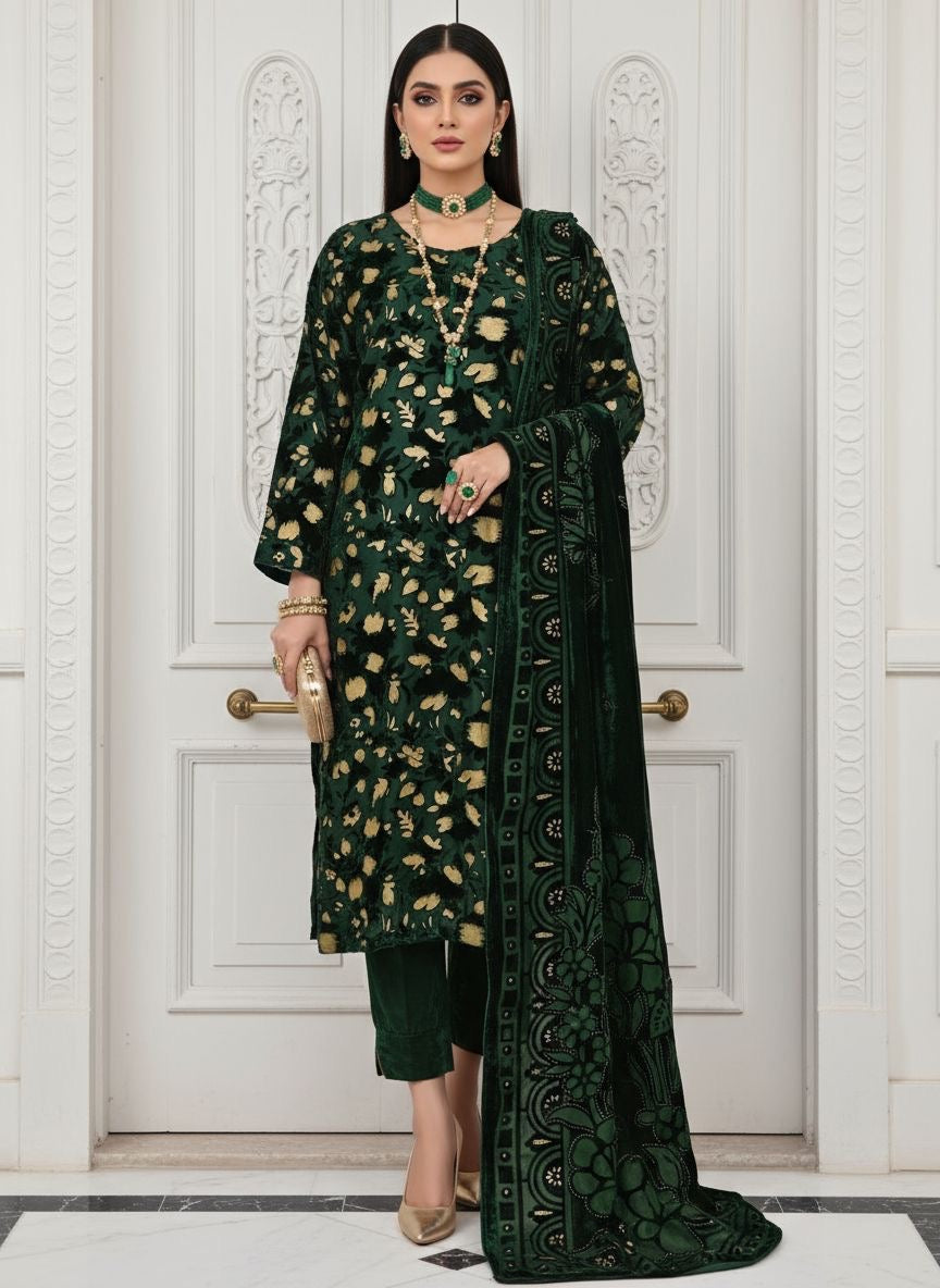 Full Green Palachi Velvet Dress with Palachi Shawl and Velvet Trouser