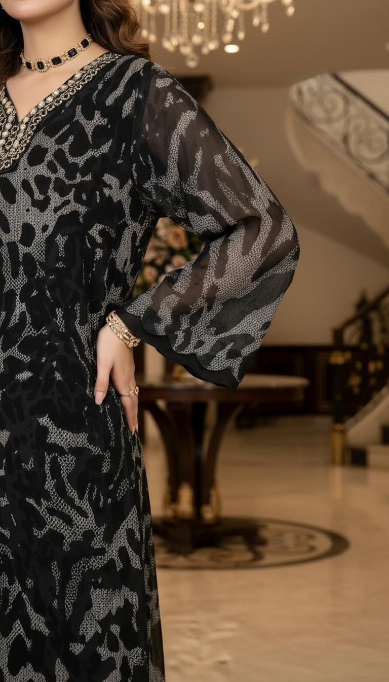 Uswa Black Lawn Ready to Wear 2 Pcs Kaftan Dress