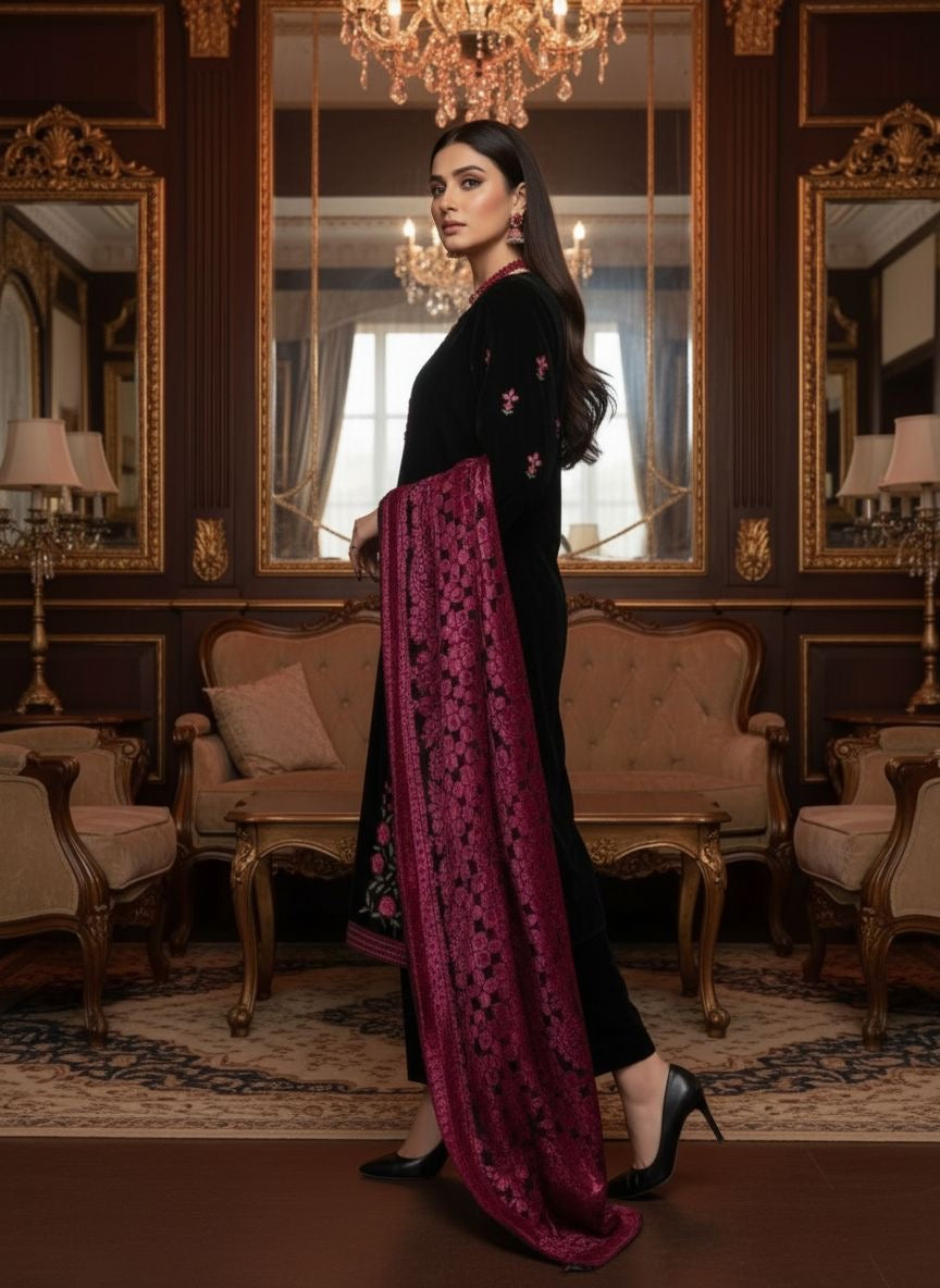 Chandan Ready to Wear 3 Pcs Velvet Embroidered dress with Palachi Shawl