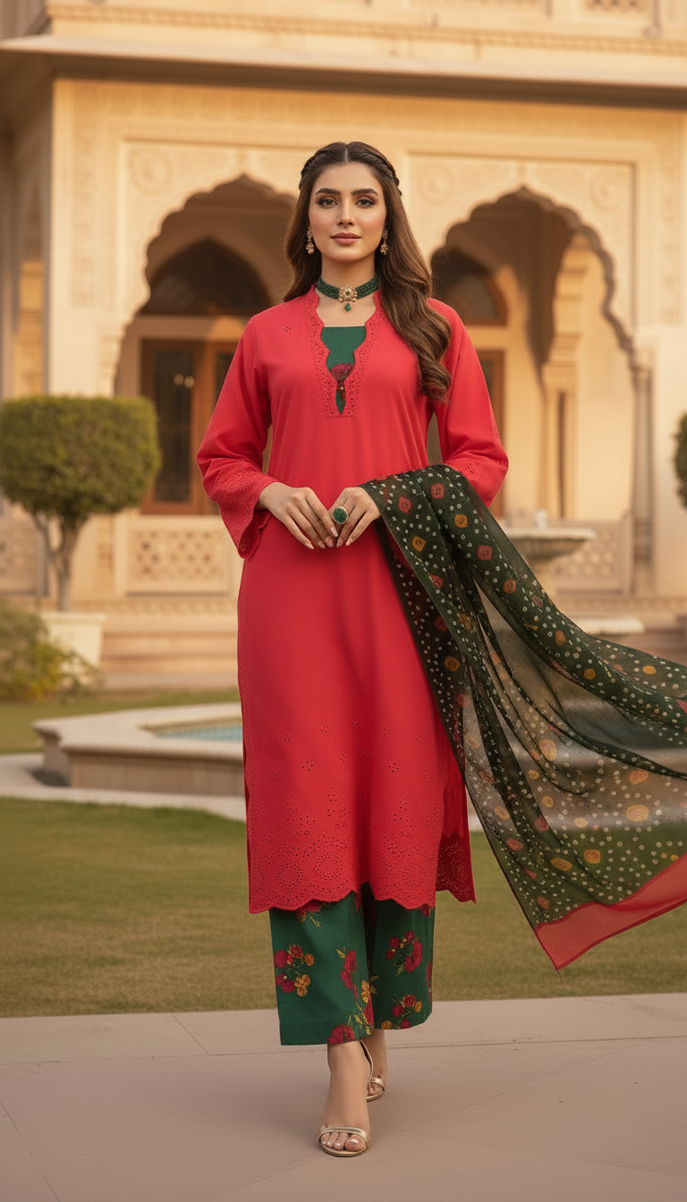 Red and Green Chikankari Ready to Wear 3 Pcs Dress