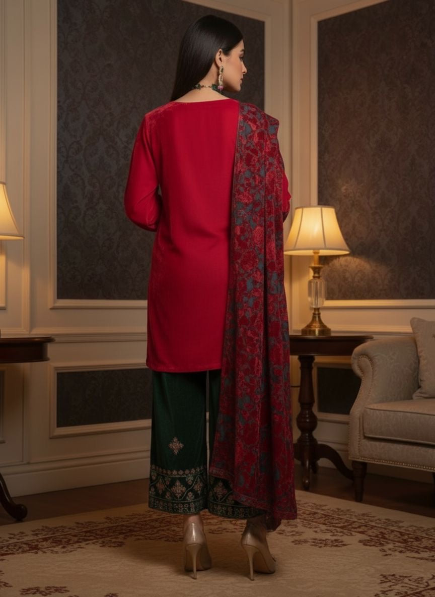 Laajh Red Velvet Ready to Wear 3 Pcs Embroidered Dress