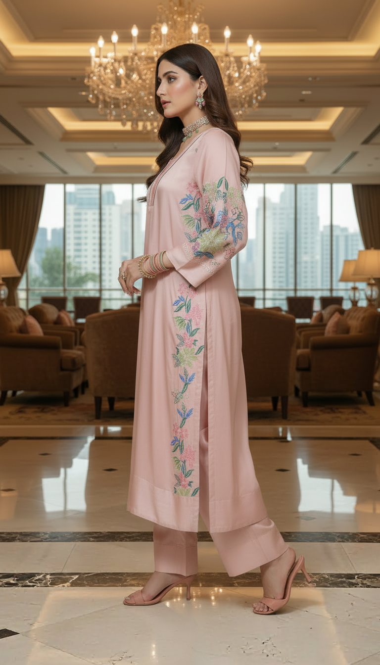 Rani Tea Pink Raw Silk Ready to Wear 2 Pcs Embroidered Dress
