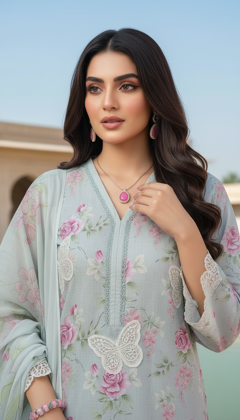 Grey Deluxe Ready to Wear 3 Pcs Embroidered Dress with Chiffon dopatta