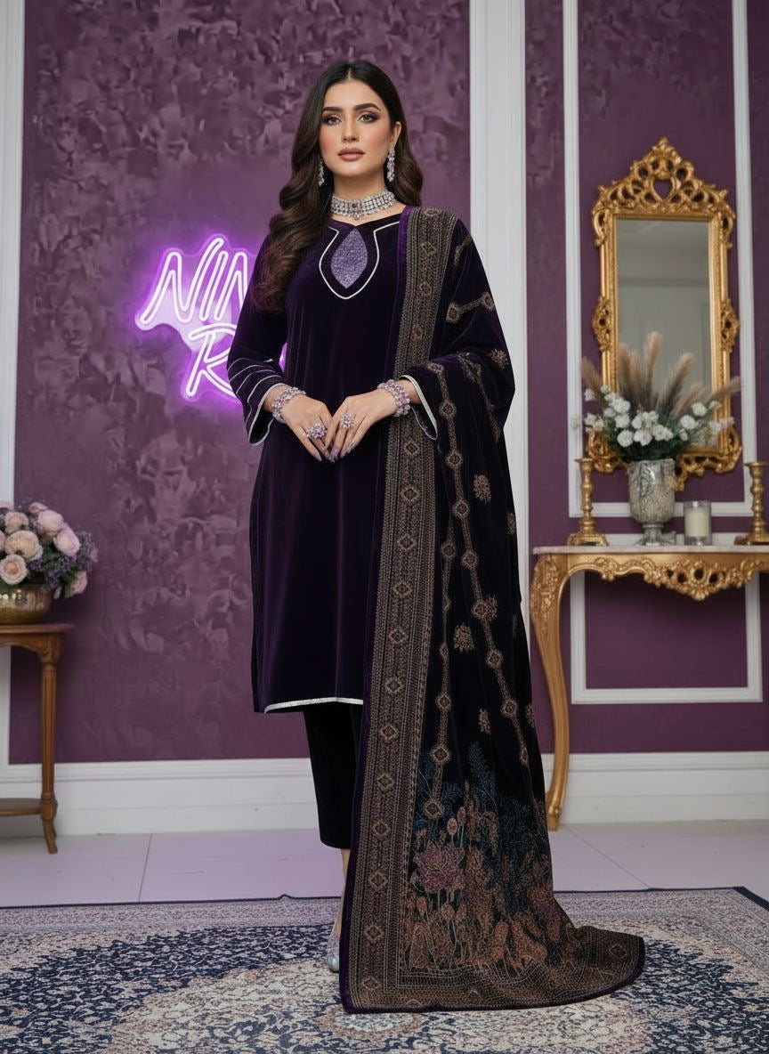 Umsha Purple Velvet  Ready to Wear 3 Pcs Dress with Velvet Shawl