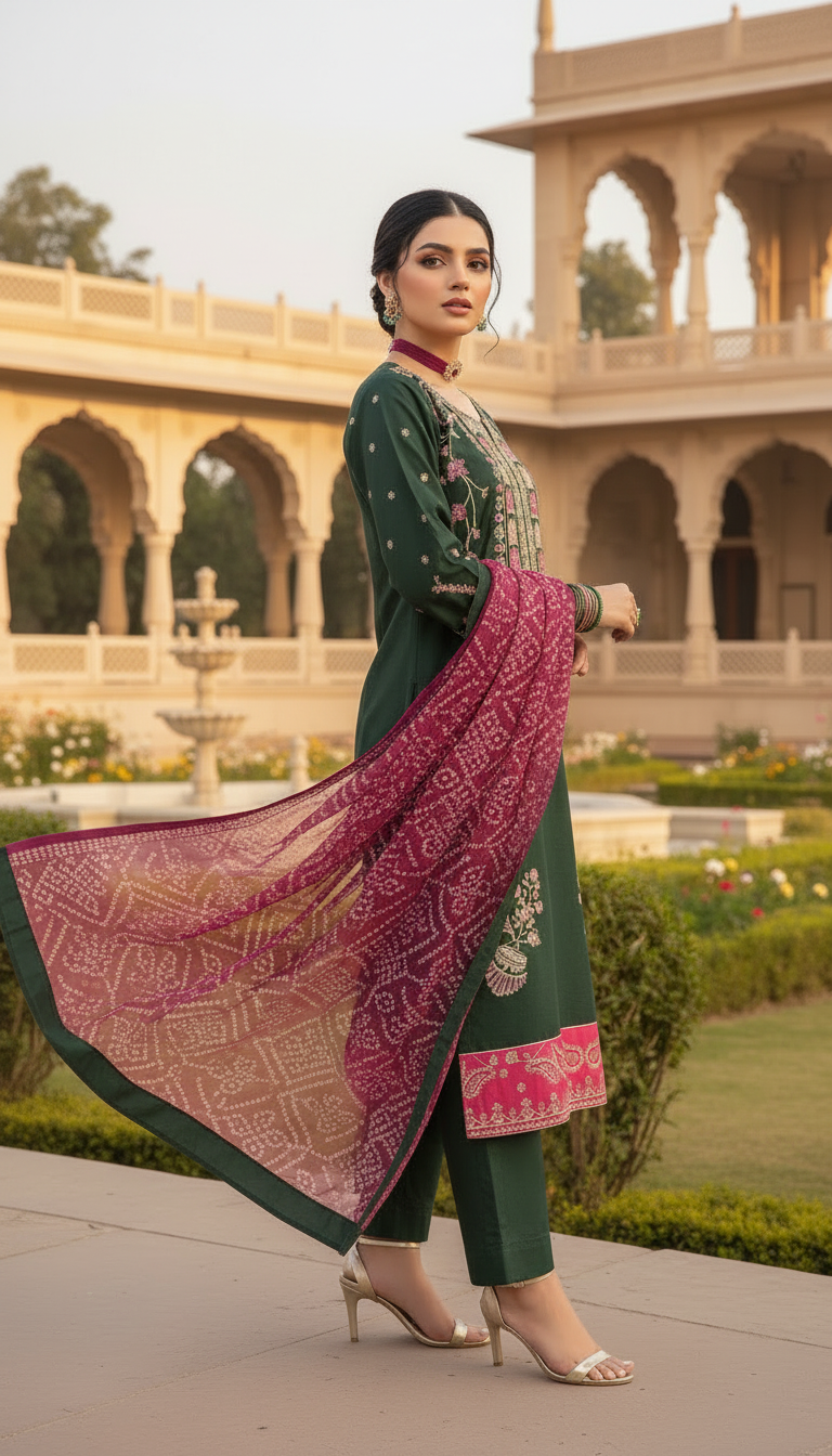 Green Grace Fully Embroidered 3 Pcs Dress with Chiffon dopatta