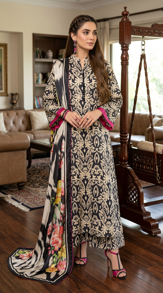 Mateer Navy Classic Ready to Wear 3 Pcs Dress with Silk dopatta