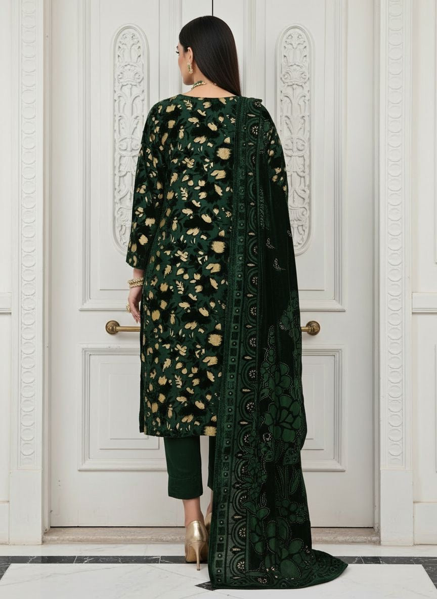 Full Green Palachi Velvet Dress with Palachi Shawl and Velvet Trouser