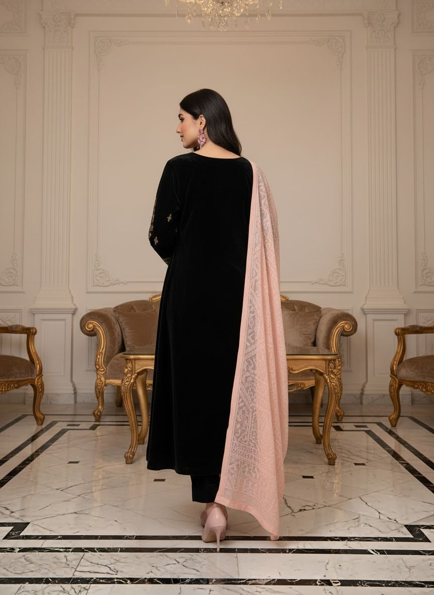 Qalamkar 3 Pcs Ready to Wear Velvet Dress with Palachi Shawl