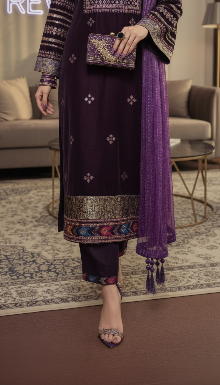 Bohemia burgundy Velvet Embroidered 3 Pcs Dress