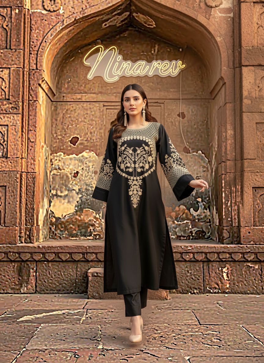 Merab Black Ready to Wear 2 Pcs Embroidered Dress