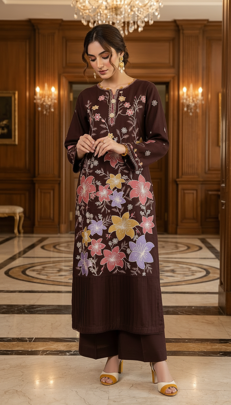 Brown Flower Ready to Wear 2 Pcs Embroidered Kaftan Dress