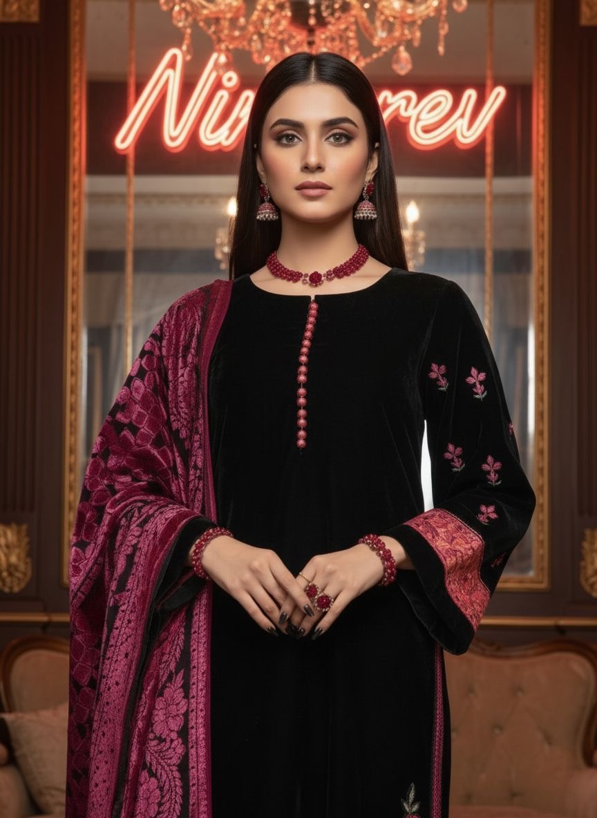 Chandan Ready to Wear 3 Pcs Velvet Embroidered dress with Palachi Shawl