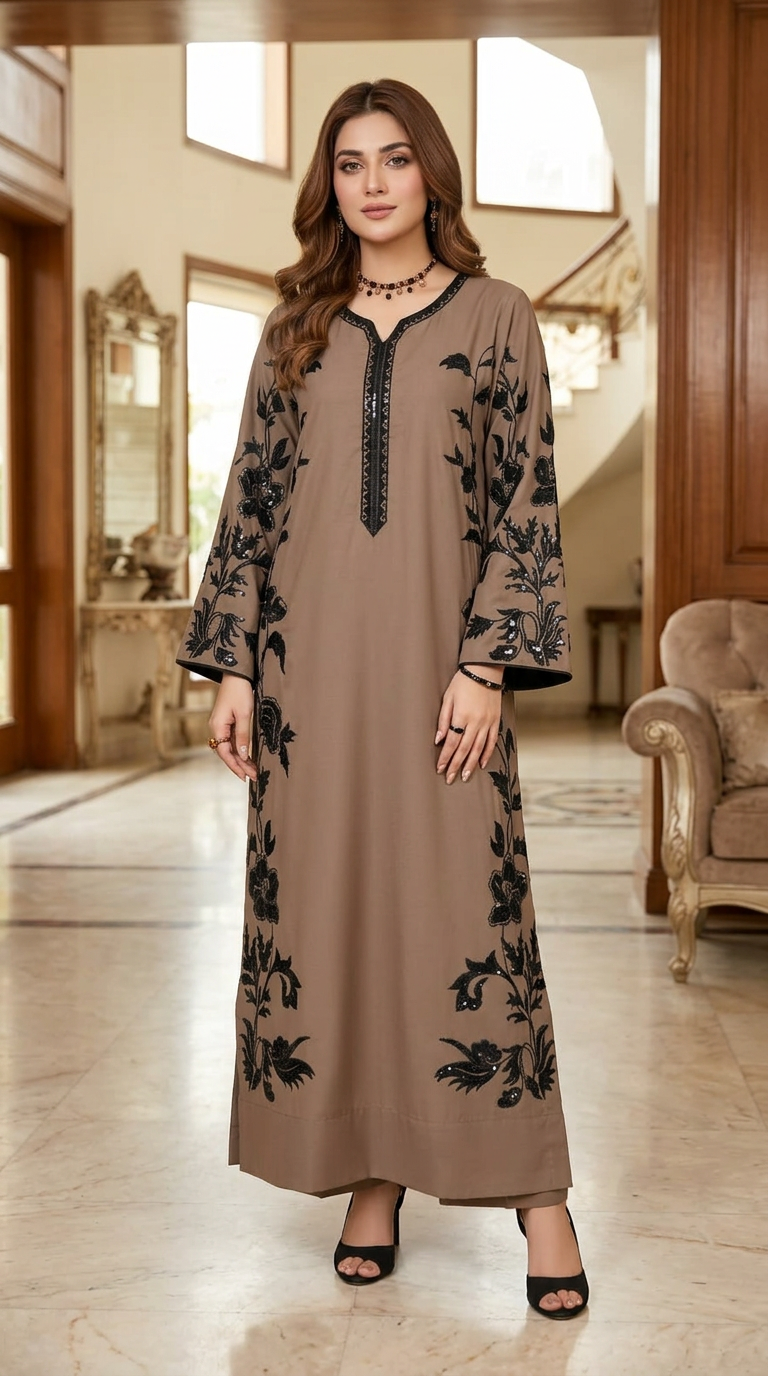 Shezana Brown Embroidered 2 Pcs kaftan Dress