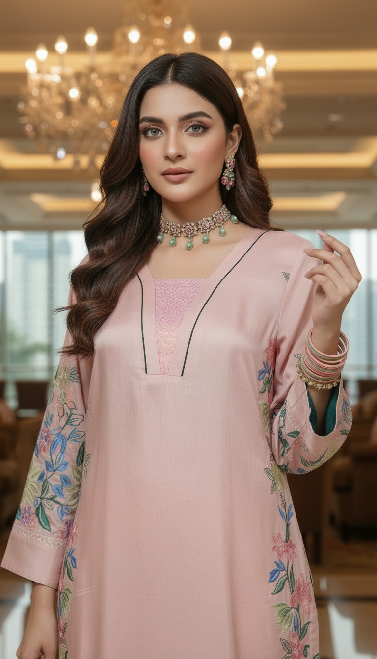 Rani Tea Pink Raw Silk Ready to Wear 2 Pcs Embroidered Dress