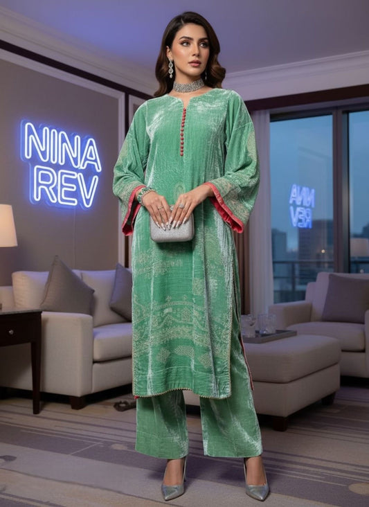 Pistachio French Velvet 2 Pcs Dress with Palachi Work
