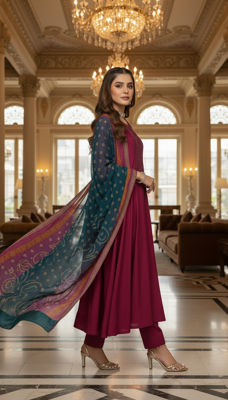 Tabeer Red Ready to Wear 3 Pcs Embroidered Dress