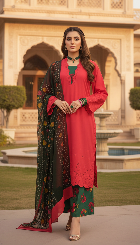 Red and Green Chikankari Ready to Wear 3 Pcs Dress
