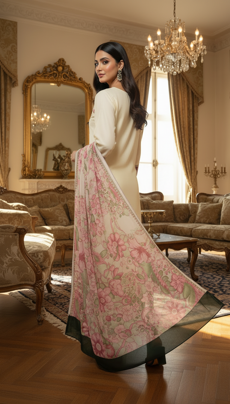 Salwa beige Embroidered 3 Pcs Dress with Chiffon dopatta