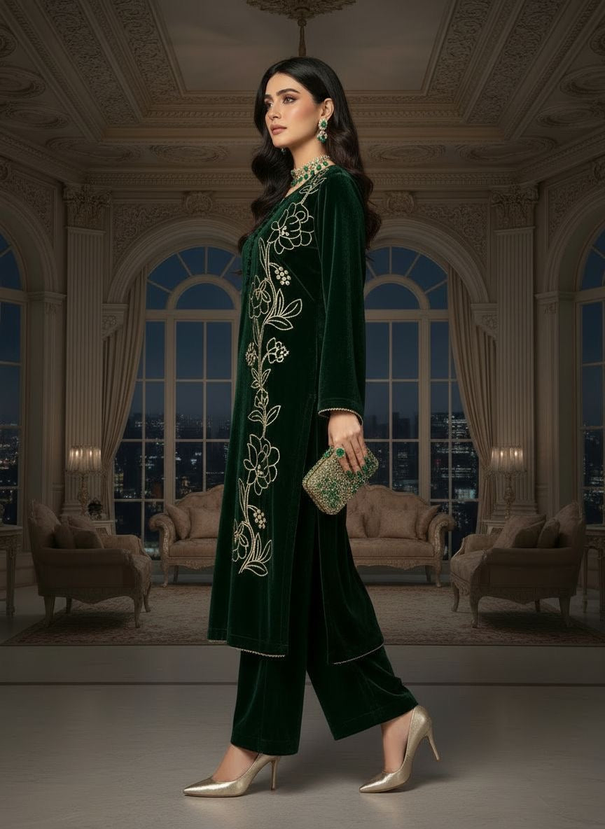 Natalia Green Velvet 2 Pcs Embroidered Dress