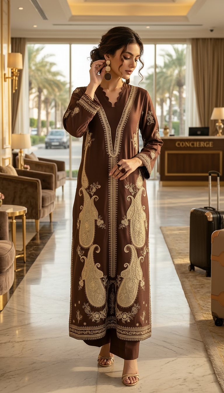 Avnisha Brown Fully Embroidered 2 Pcs Kaftan Dress
