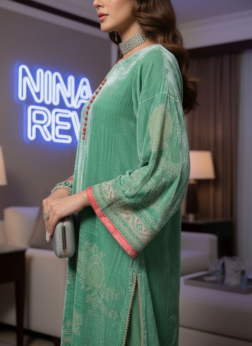 Pistachio French Velvet 2 Pcs Dress with Palachi Work